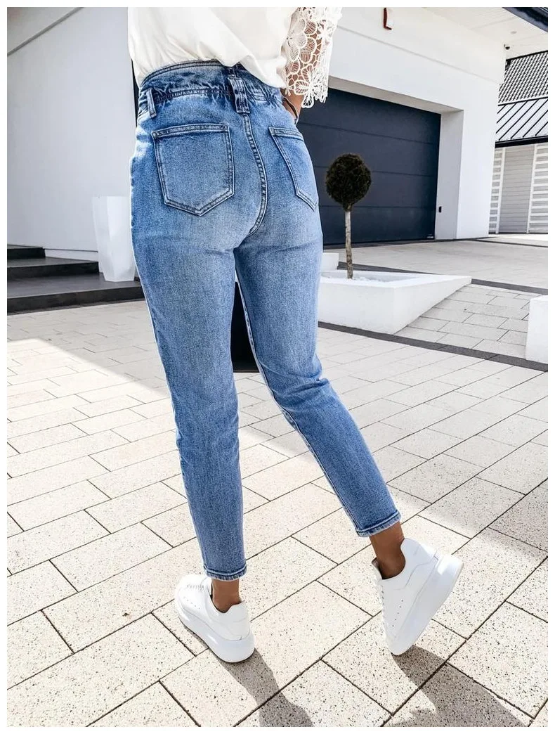 

Women Pencil Pants Blue Washed White Distressed Temperament Commuter High Waist Pocket Zipper Autumn and Winter Long Jeans