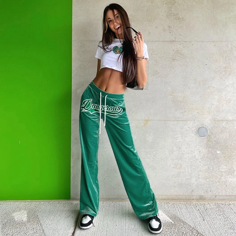 

Dourbesty Fairy Slim Flare Pants Fashion Causal Velvet Letter Print Vintage Pants for Women Autumn Wide Leg Pants Streetwear