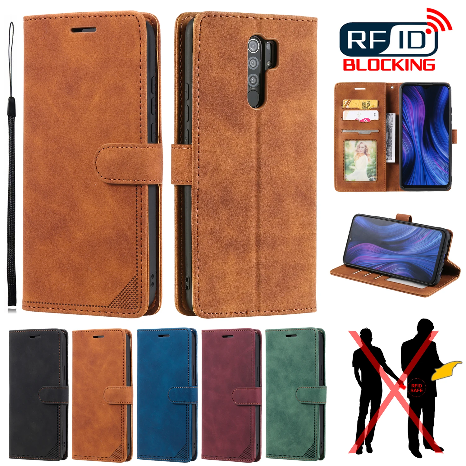 

Leather RFID Blocking Flip Case For Redmi 9 9A 9C 9i Note 7 8 8T 9 9S Note10 Pro Max 9T 10T K40 10X Protect Stand Card Slots