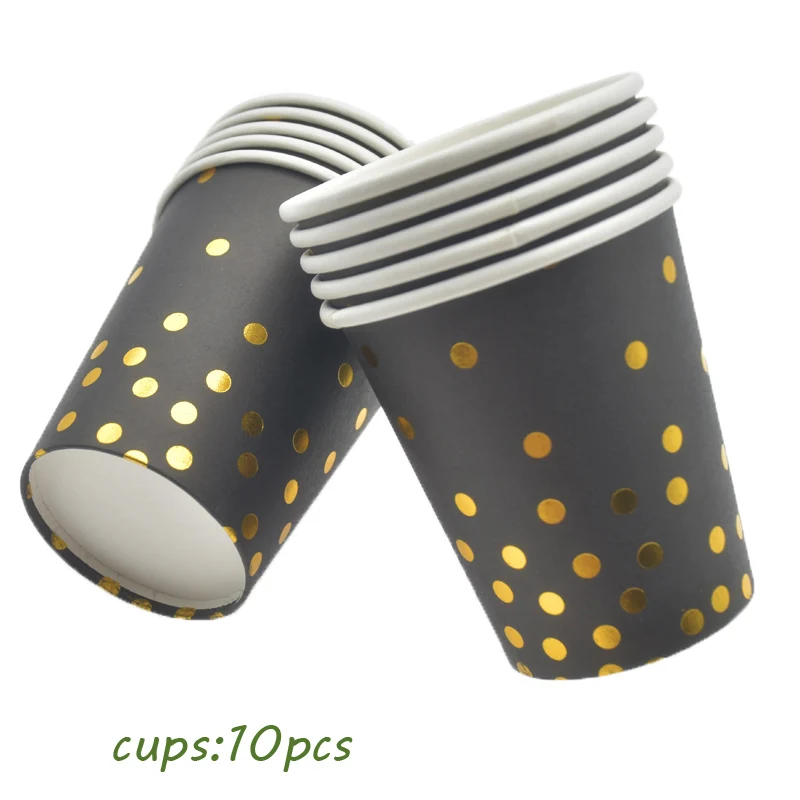 10pcs cups Черные бумажные золотистые тарелки украшения для дня рождения Детские бумажные соломинки Свадебные украшения подарок для невесты фольга одноразовая посуда - Цвет: 10pcs cups