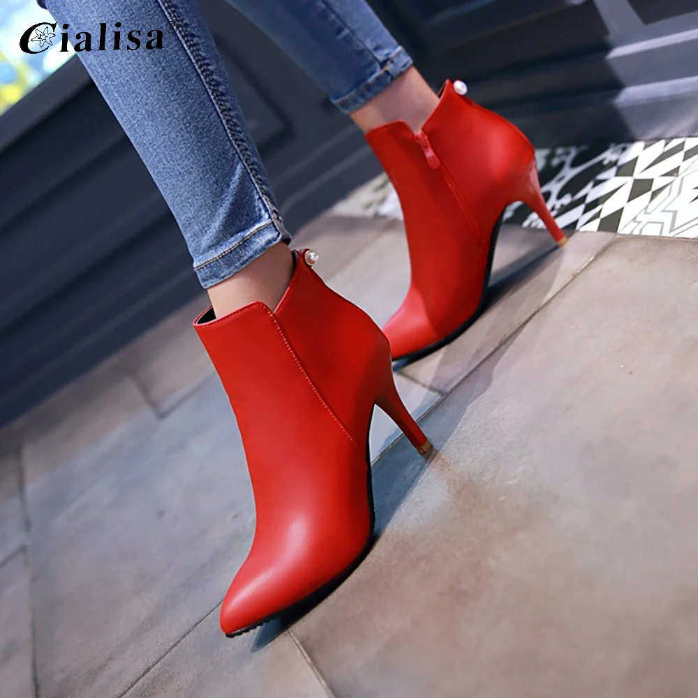 

CIALSIA Women Shoes PU Leather Supoer High Heel Zipper Short Plush Warm Pointed Toe Boot 2020 Pearls Decoration Fashion Boot