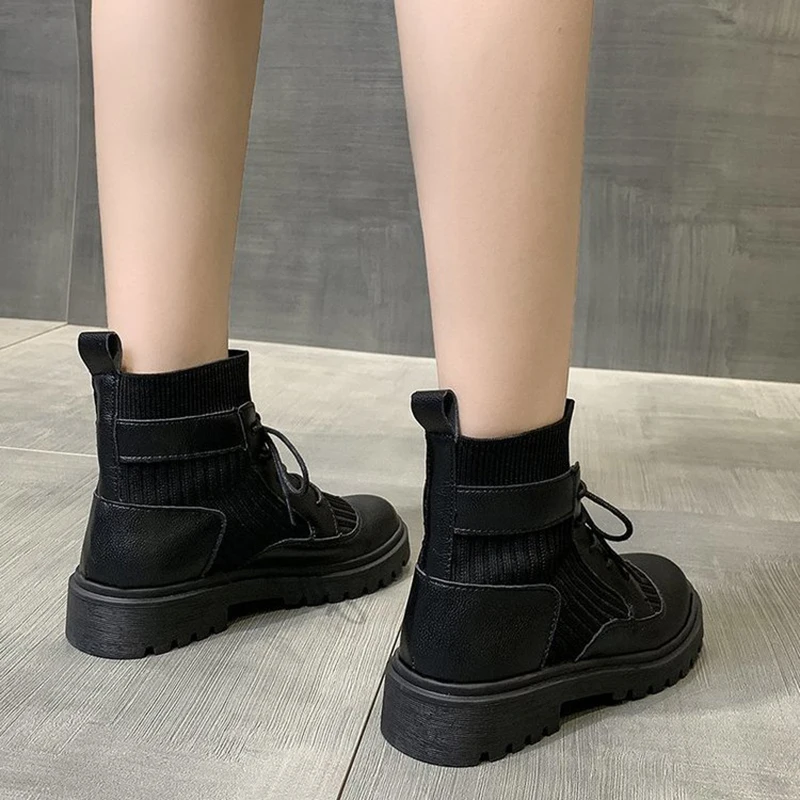 

Women's Martin Boots Ladies Lace-up Flat-heel Winter Non-slip Warm Boots Breathable Comfortable Leather Cloth Fashion Boots