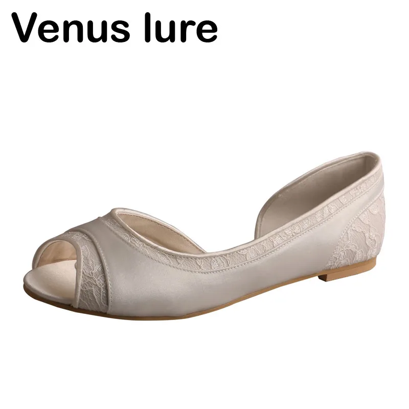 Свадебные атласные женские туфли на плоском ходу с открытым носком цвета