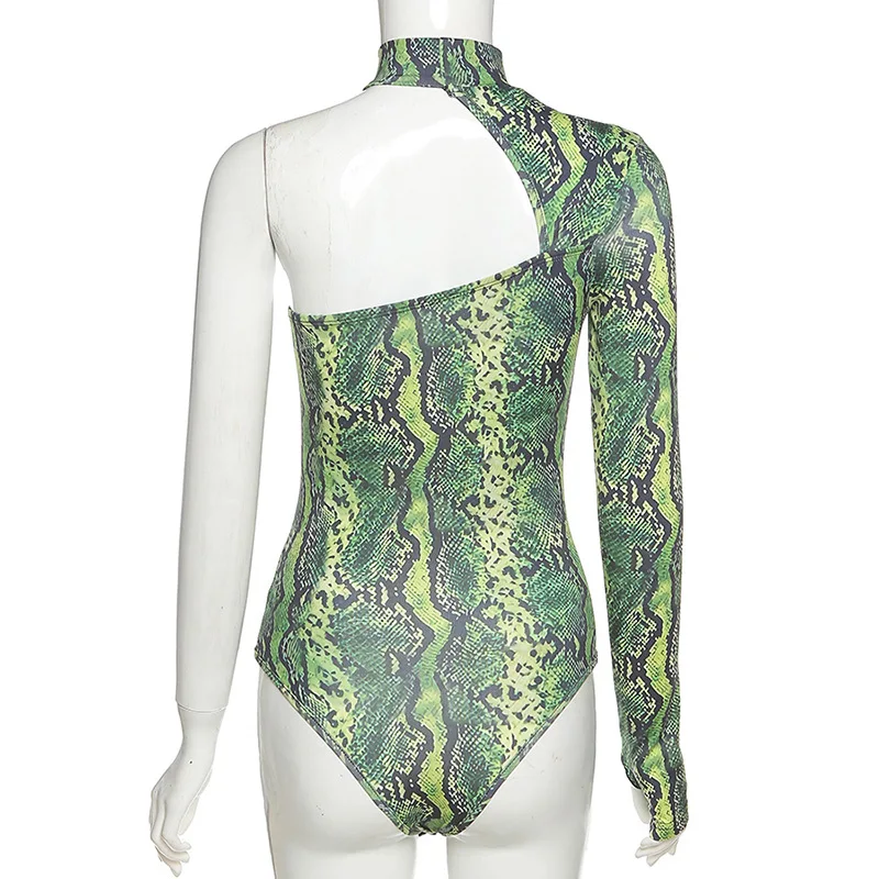 

BOOFEENAA Green Snake Skin Print Bodysuit Women Sexy Cutout One Shoulder Long Sleeve Tops Clubwear Bodycon Jumpsuit C83-BB12