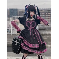 japanese harajuku light lolita cake dress black pink bow tie short sleeve sweet punk kawaii school student dress 2021 new summer