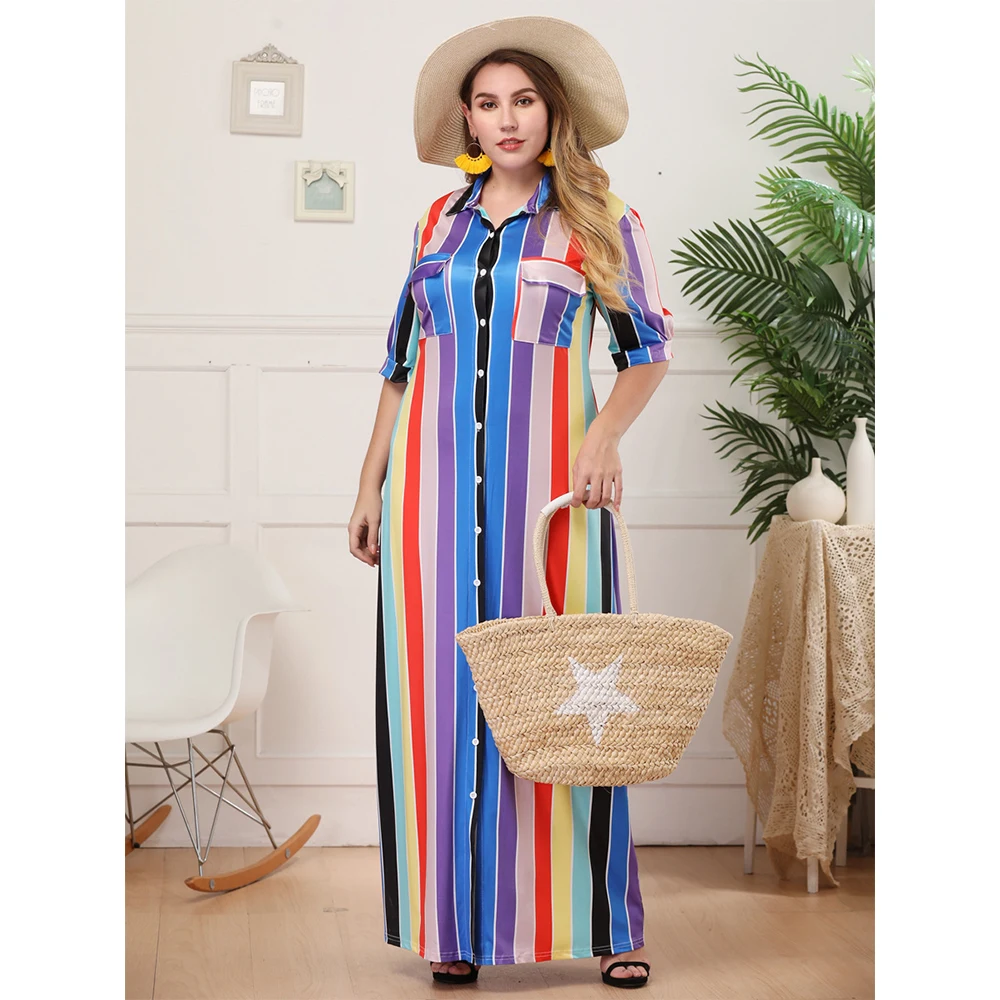Женское летнее платье-макси в полоску с коротким рукавом и отложным воротником |