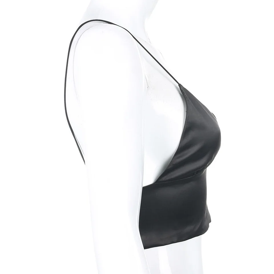 

Women Sexy V Neck Halter Spaghetti Strap Non-Adjustable Up Stitching Short Camisole Outer Top