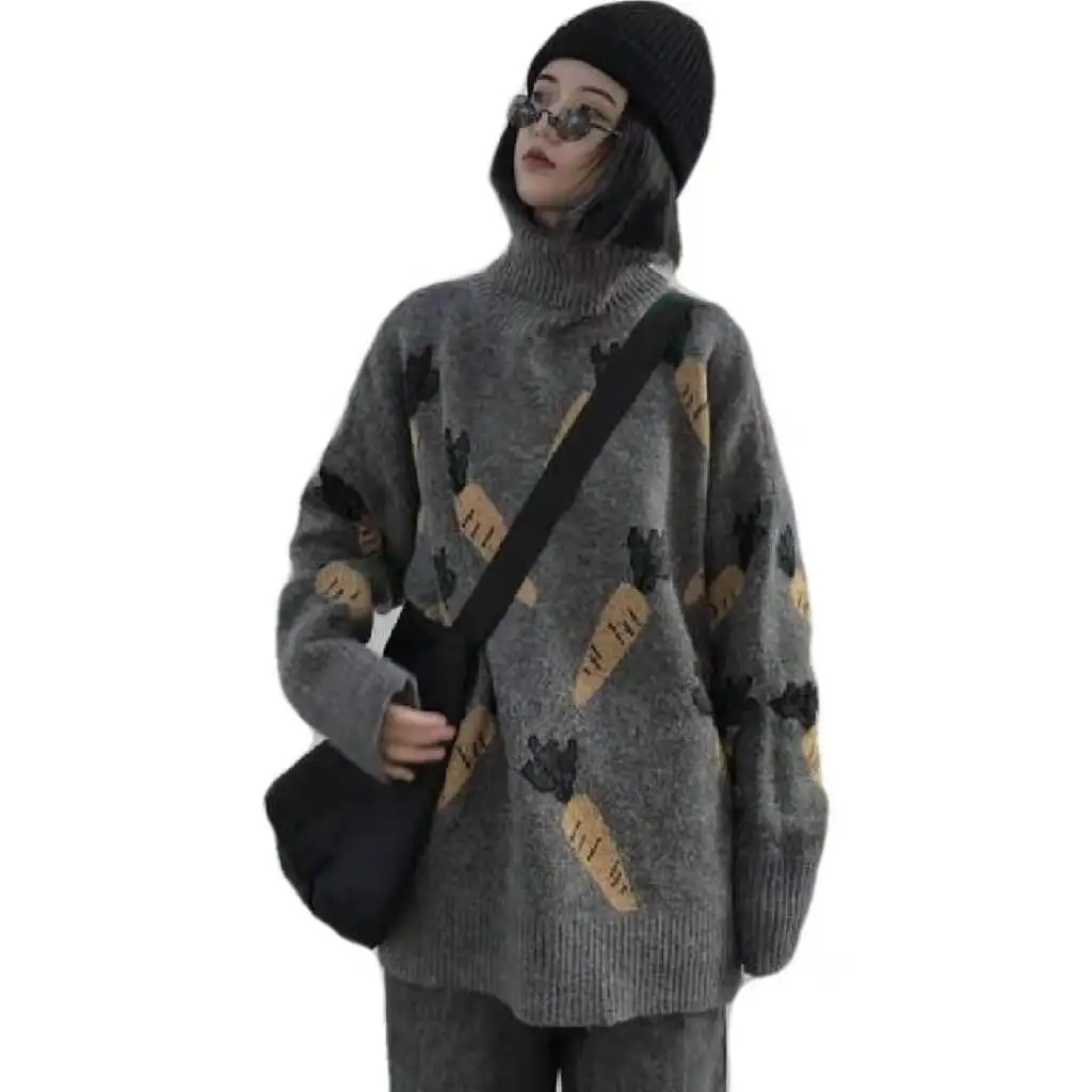 

high collar color matching sweater female student loose lazy style pattern versatile sweater autumn and winter coat fashion