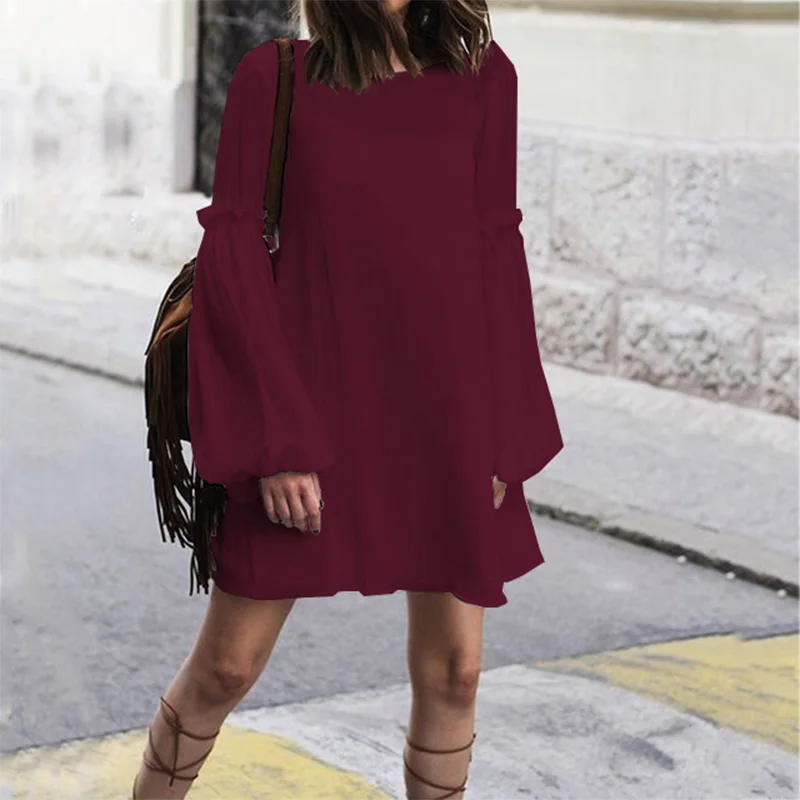 Wine Red ZANZEA женское сексуальное мини-платье модное женское Повседневное платье с оборками Vestidos с длинным рукавом-фонариком Сексуальное Женское Платье с открытой спиной - Цвет: Wine Red