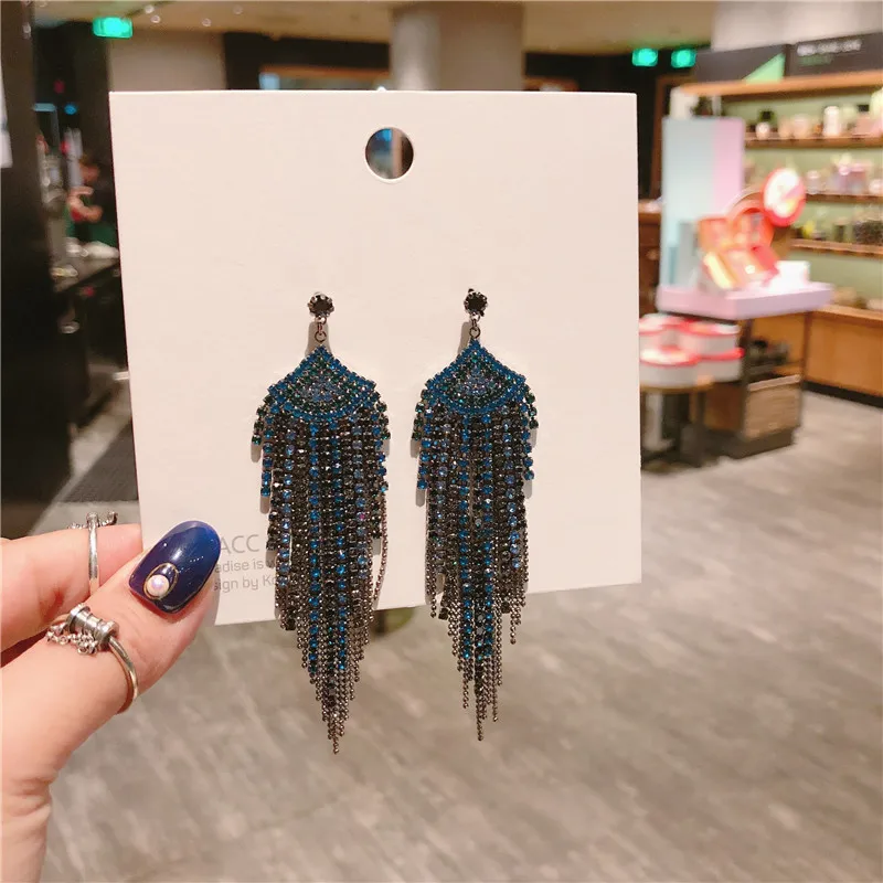 

Silver needle temperament restore ancient ways color inset diamond tassel earrings female long fan web celebrity eardrop female