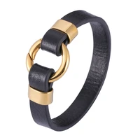 simple fashion men women wrist jewelry black leather bracelet golden round stainless steel buckle bangle christmas gifts sp1179