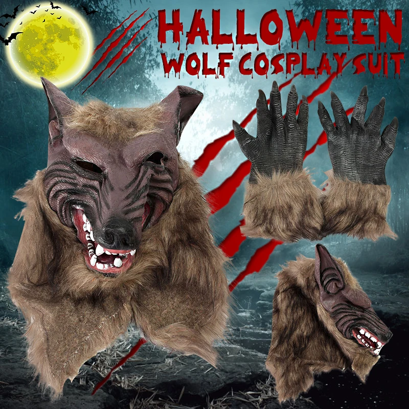 

Cosplay Latex Rubber Wolf Head Hair Mask Gloves, Unisex Novelty Animal Full Mask Halloween Role Play Fancy Dress Party Costume