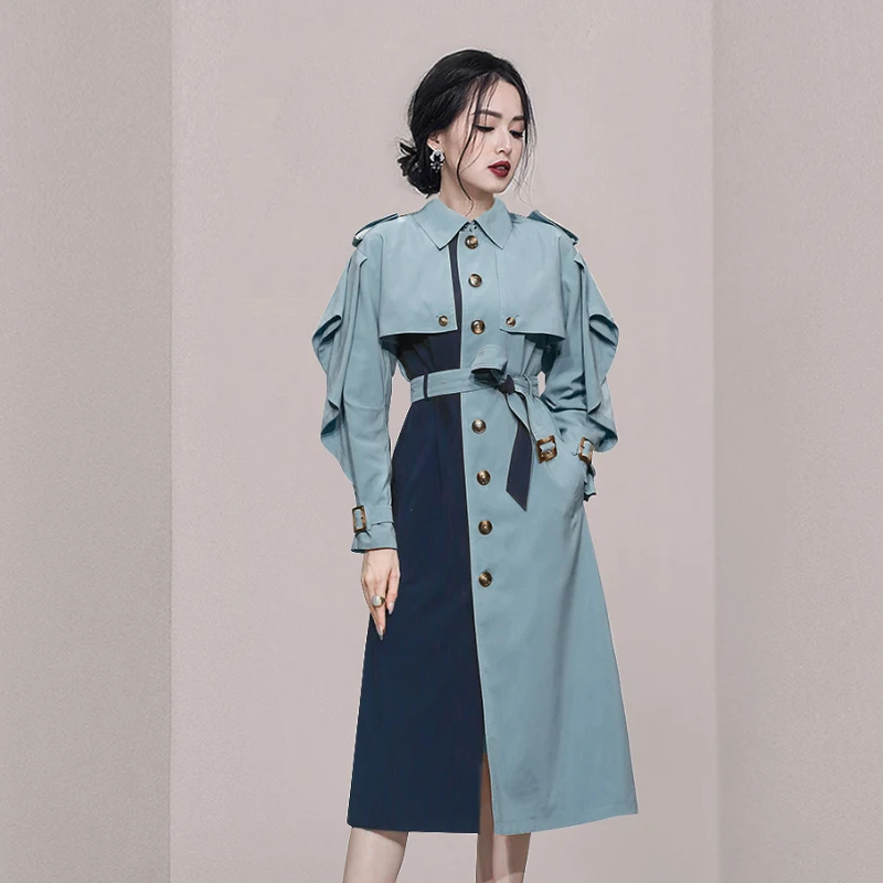 Женский элегантный длинный Тренч, Офисная однобортная Повседневная Верхняя одежда составного кроя с поясом, корейская мода, осень 2021