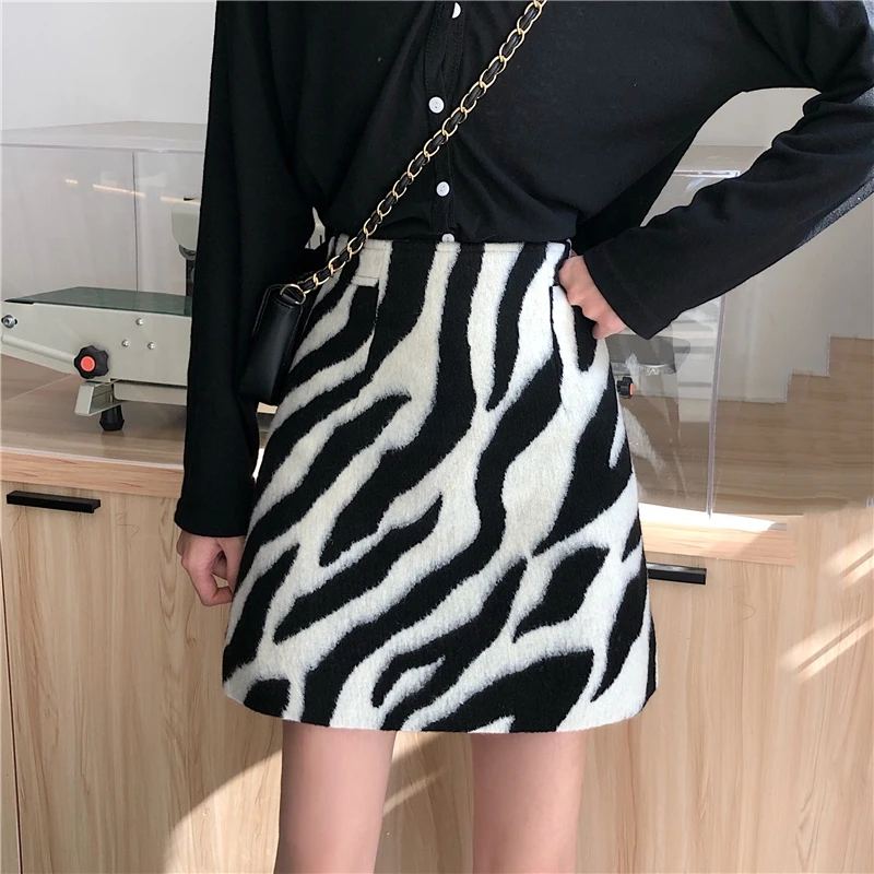 

GOOHOJIO 2020 Zebra Pattern Women's Woolen Skirt High Waist Sexy Pencil Hip Mini Skirt Ladies Mini Autumn Casual Skirt for Women