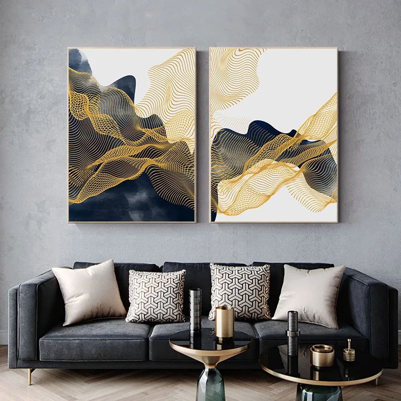 Абстрактная живопись Золотая линия скандинавский настенный постер на холсте