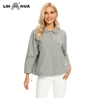 lih hua womens plus size windbreaker short lapel jacket spring and autumn loose zipper windbreaker