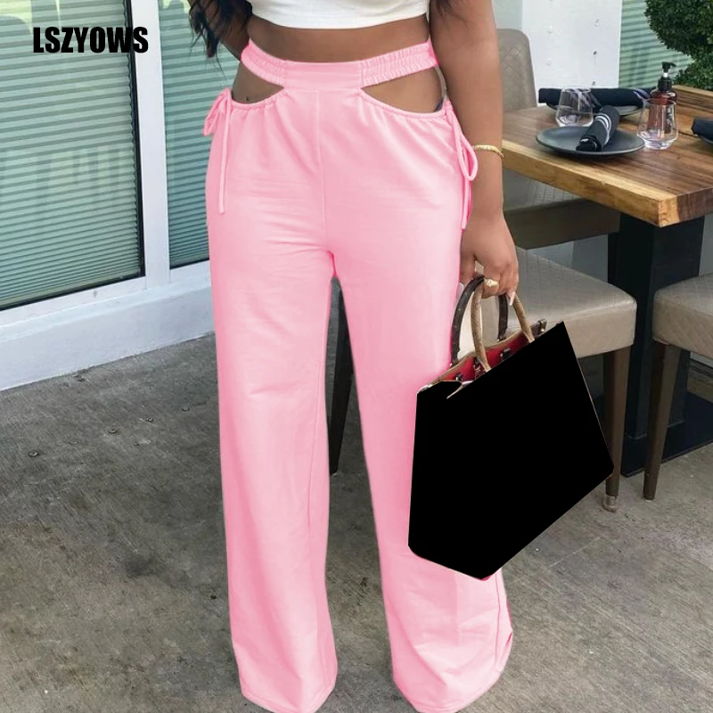 

2021 Women Wide Leg Pants Sexy Hollow Out Bandage Solid Loose Trousers Casual Streetwear Female Elastic High Waist Joggers Pants