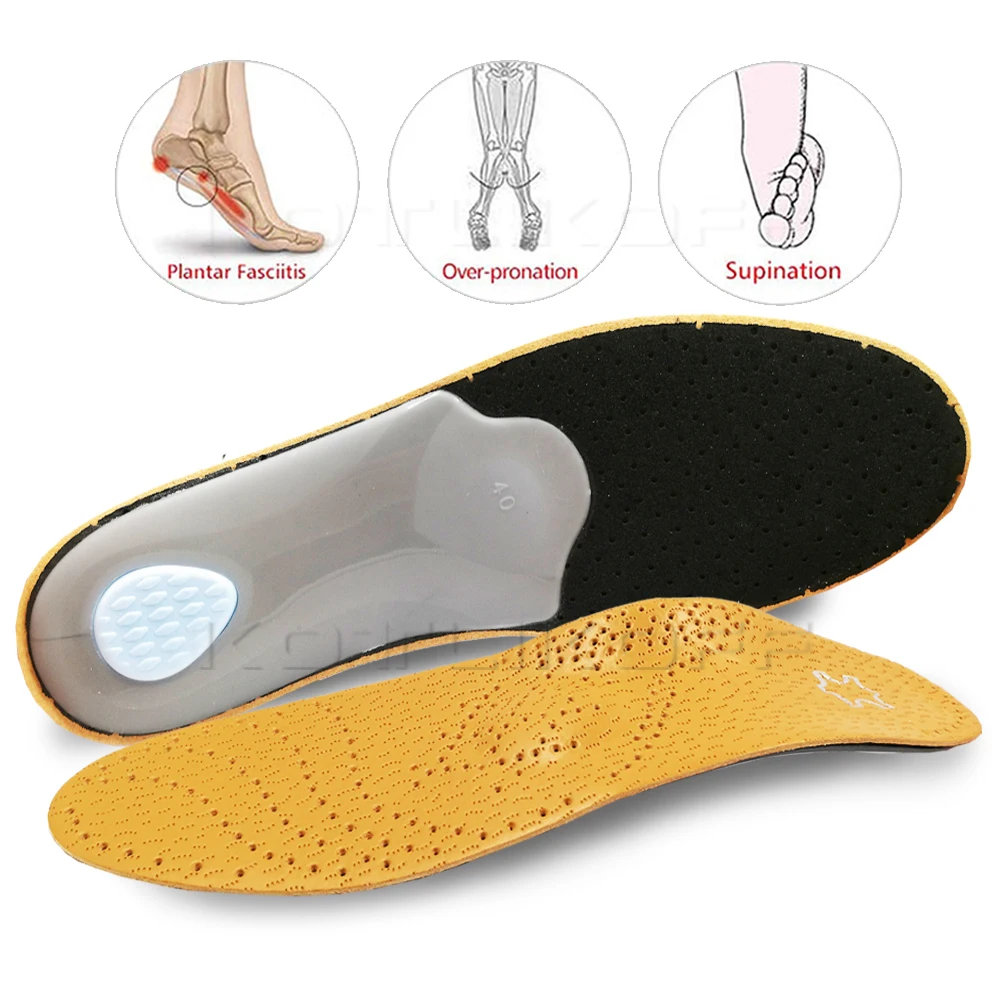 Unisex Premium Leather Orthotic insoles for Flat foot Shoe Insoles High Arch Support orthopedic Pad for Correction OX Leg Health