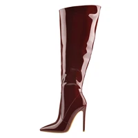 richealnana women pointed toe black and wine patent leather side zip knee winter boots lady knee high long big size boots