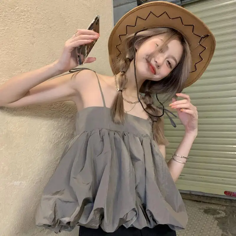 

Women's Tube Top Fashion Solid Folds Tank Vest Summer Clothes for Women Sleeveless Sweet Crop Tops Leisure Loose Y2k Top