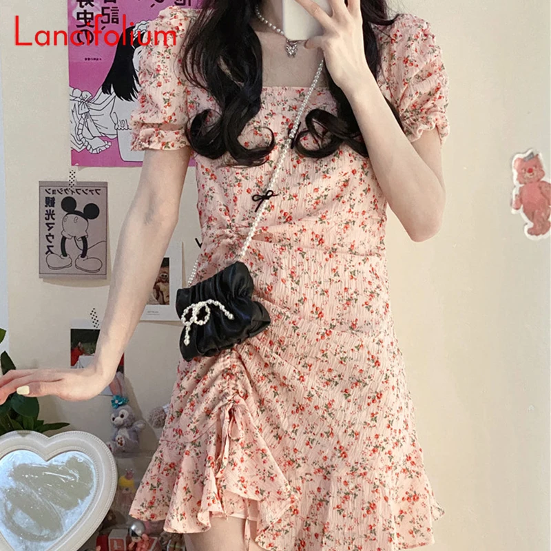 

Summer Sexy Korean Party Pink Floral Casual Beach 2021 Elegant Kawaii Cute Cottagecore Short Sleeve Shirring Ruffle Mini Dress