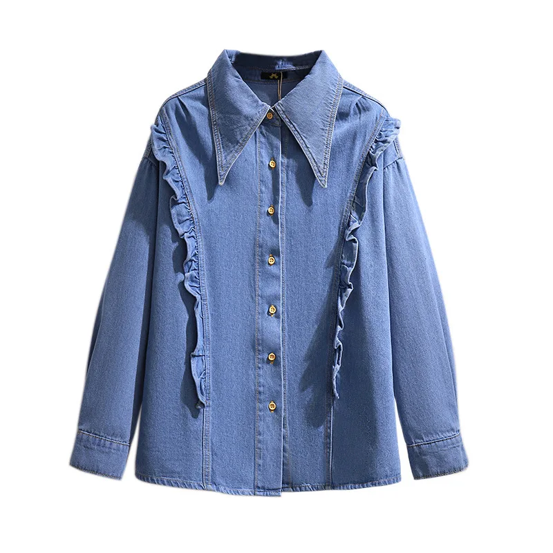 Plus Size Jeans Shirts Blue Casual Turn-Down Collar Long Sleeve Ruffles Buttons Spring and Autumn Denim Women's Clothing Blouses