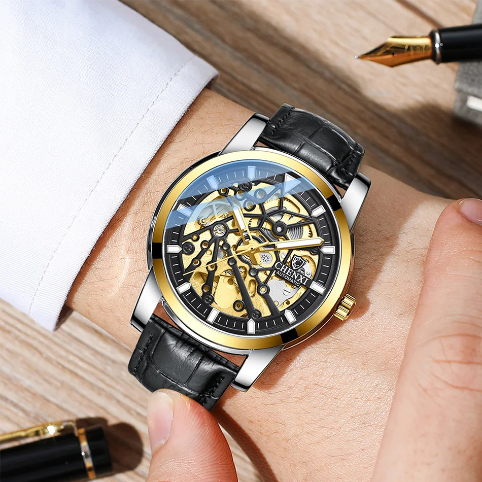 Модные автоматические механические мужские часы серебристого цвета из