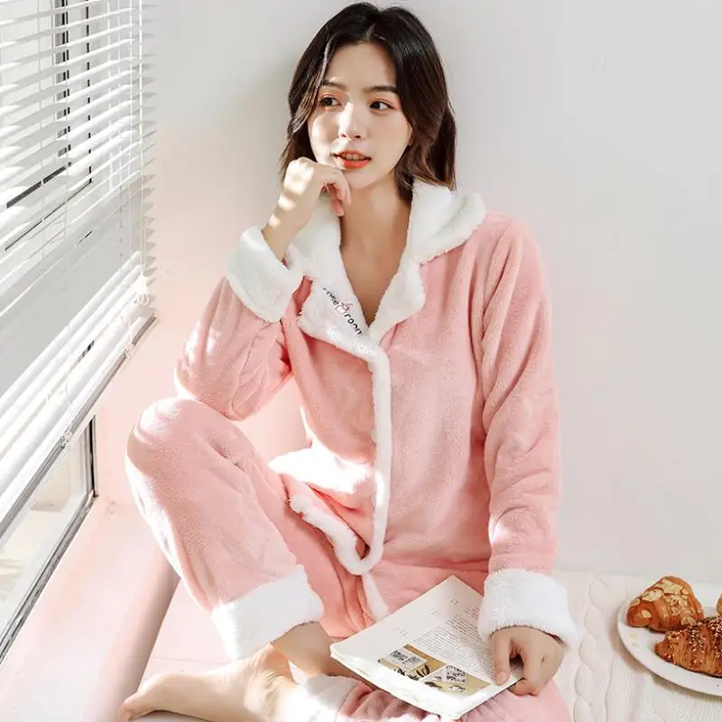 

Autumn Winter Flannel Pajama Set For Women Thick Warm Sleepwear Long Sleeve Sleep Tops Pyjama Nightgown Female Pijamas Homewear