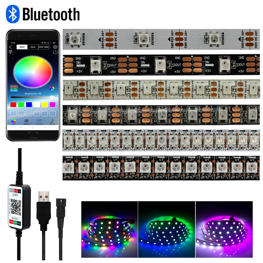 

WS2812B WS2812 Individually LED Pixel Strip Light USB 5V Bluetooth App Dream Color Chasing Effect Rainbow Color 1M 2M 3M 4M 5M
