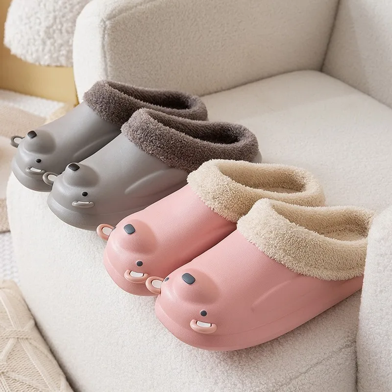 

2021 New Waterproof Home Slippers Winter Warm Fur Women Men Couples Casual Shoe Cute Bear Slides Non-Slip Indoor Floor Shoes