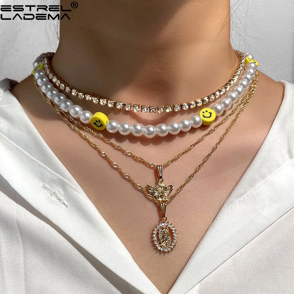 

Boho Multi-layer Smiley Face Pearl Beads Necklace For Women Handmade Beaded Angel Portrait Crystal Chain Necklaces Jewelry Gift