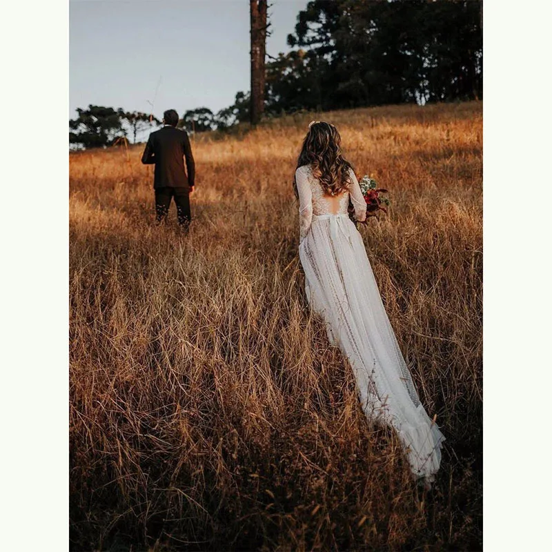 Новинка классические кружевные свадебные платья в стиле бохо с длинным рукавом