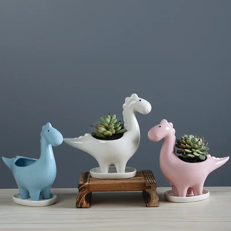 Branco de Cerâmica dos Desenhos Plantador com Bandeja Vaso de Flores para Plantas Animados Dinossauro Criativo Suculentas Vasos Casa Jardim Decoração Desktop