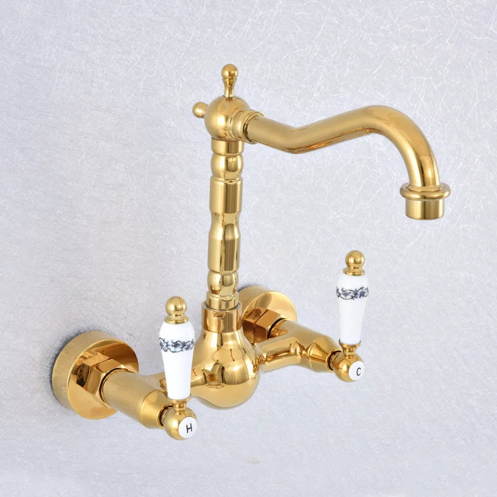 

Gold Color Brass Two Ceramic Handle 2 Hole Wall Mounted Kitchen Bathroom Basin Faucet Sink Mixer Taps Swivel Spout 360' dsf610