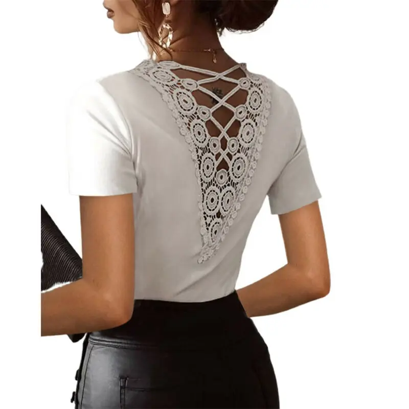 

Women's Casual Summer Short Sleeve T-Shirts Lace Hollow Out V-Neck BlousesTops