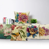 bird branch pattern throw pillow cover retro flower lotus peony painting cushion cover sofa car home office decor pillowcase