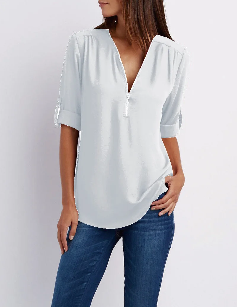 S-5XL Women Chiffon Blouse Casual Half Sleeve V-Neck Zipper Blue Irregular Loose Shirts Summer Autumn Sexy Tops Plus Size Shirts