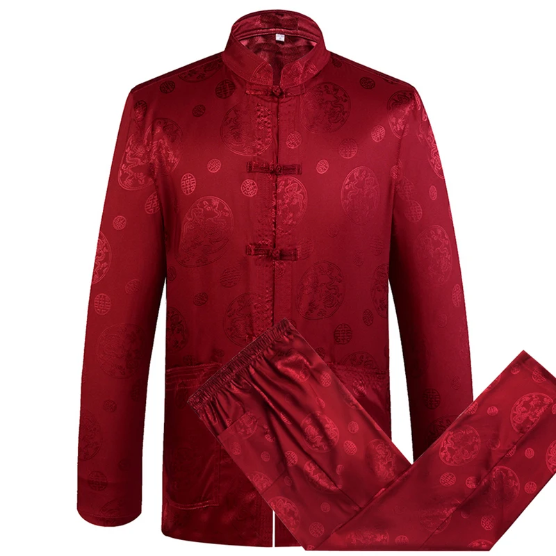 Gray Chinese Dragon Men's Tang Suit Sets Long Sleeve Shirt Long Pants Dragon Kung Fu Suit High Quality Silk Wu Shu Tai Chi Sets - Цвет: A red