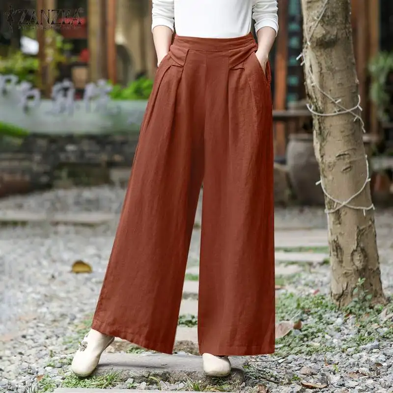 

Женские плиссированные брюки ZANZEA 2021, модные весенние брюки, женские повседневные однотонные брюки палаццо с резьбой