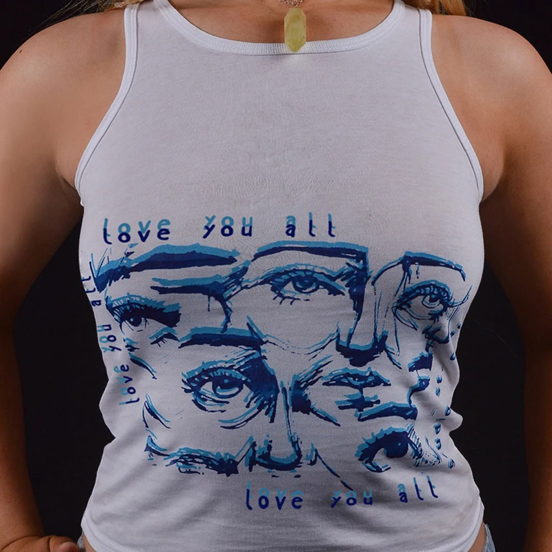

Hand-Painted Portrait Print Y2k Crop Tank Tops Summer Vest For Women Casual Outfits Tee 2021Sleeveless Shirt Pullover Female