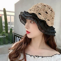 summer korean girl woven lotus leaf straw hat woman foldable sun hat lace beach sunscreen outdoor hat