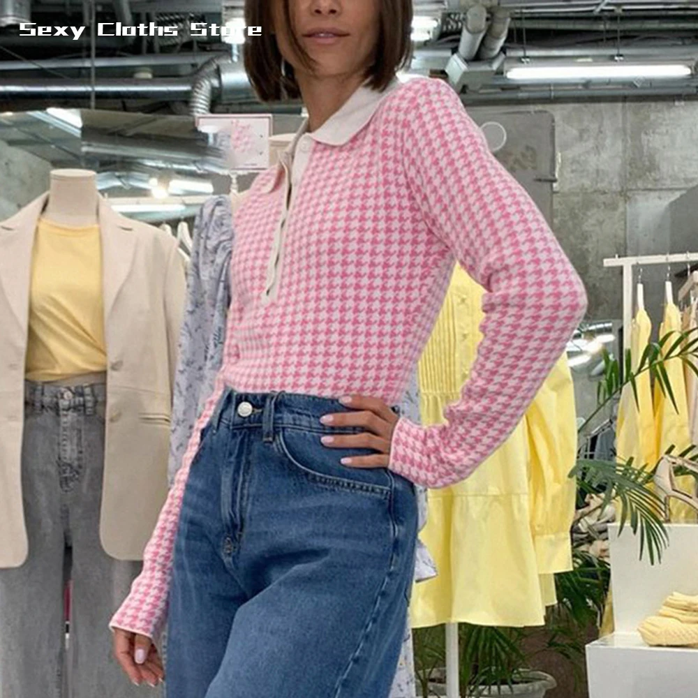 

Woolen Autumn Buttons Long Sleeve Woman Jumpsuits Houndstooth Knitted Jumpsuit Rompers Elegant Bodysuits Lapel