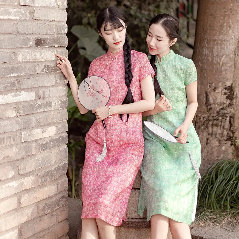

New Light Chinese-Style Printed Stand Collar Cheongsam Dress Improved Printed Pure Ramie Cheongsam Artistic Skirt Cheongsam