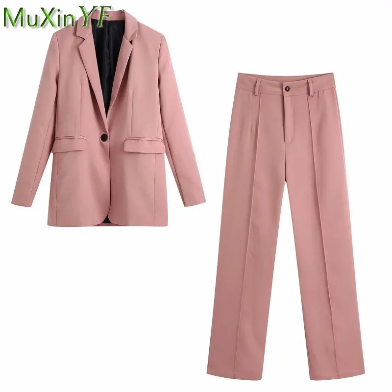 

Spring Autumn Classic Joker 2 Pieces Pants Set Women Work Graceful Coats+Trousers Sets Office Lady Solid Pink Single Button Suit