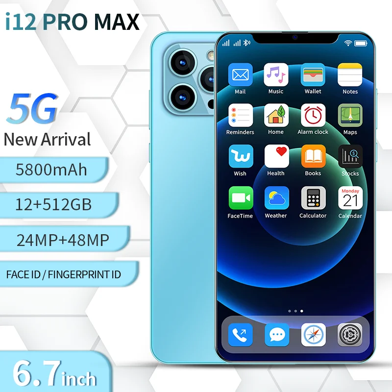 

i12 Pro Max Smartphone 6.7Inch 5800mAh 12+512GB Android10 Dual SIM Dual Standby Support Face Global Version 5G Android CellPhone