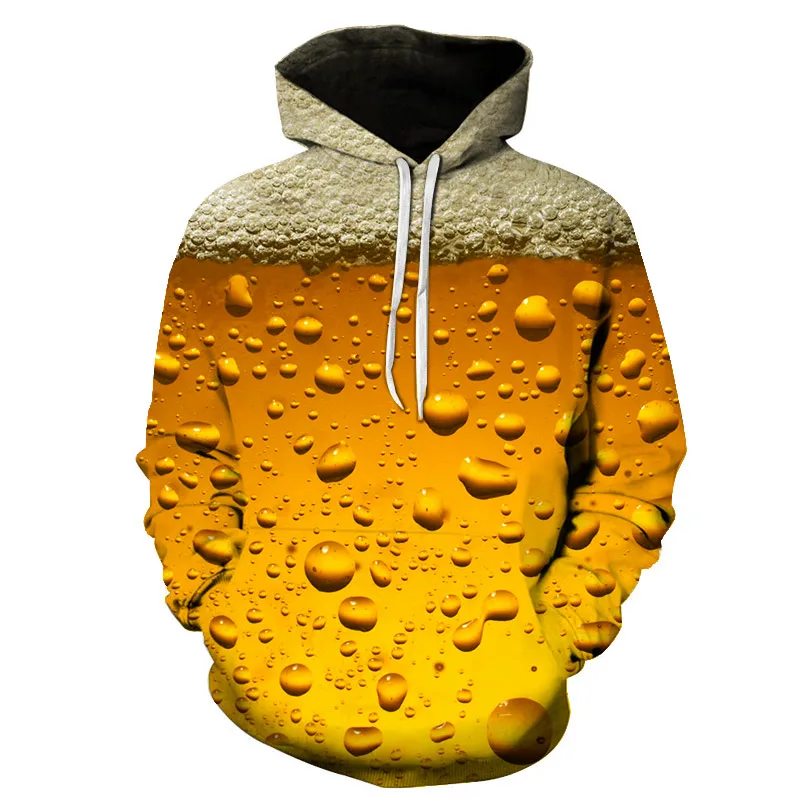 

Man's Fashion 3D Beer Printed Hoodie Novelty Sanitary Clothes Hooded Sweatshirt Yellow Autumn Long Sleeved Pullover Top