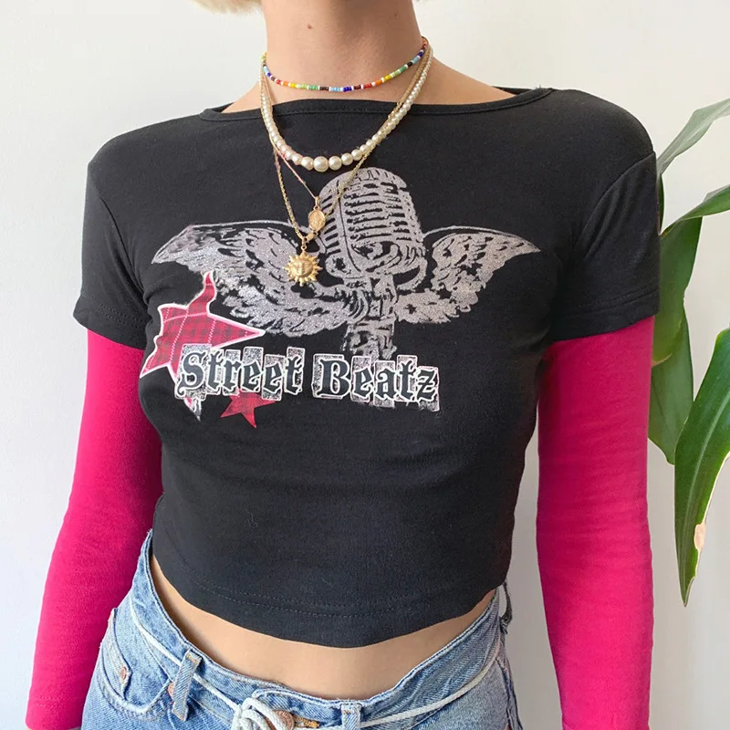 

Hip Hop Print Short Tops Women Long Sleeve O Neck Clothes Patchwork Pullover Exposed Navel Outfit Letter Streetwear New T-shirt
