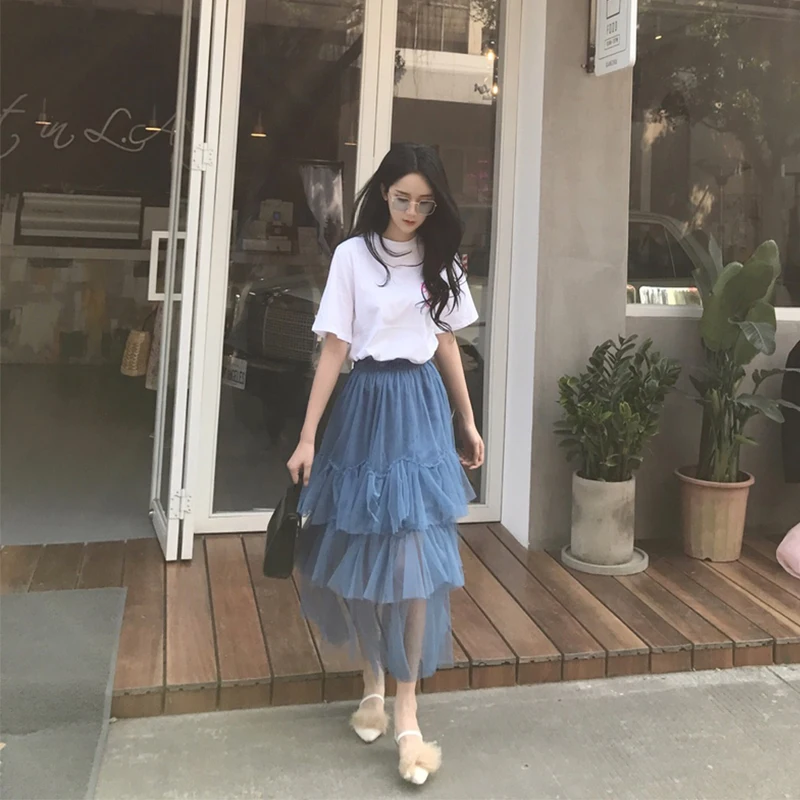 Женская летняя сетчатая юбка-пачка плиссированная до середины икры имперский