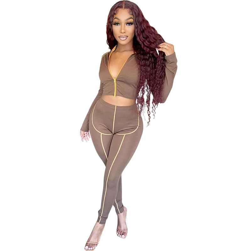 

Комплект из 2 предметов, брючный костюм, женский укороченный топ на молнии с длинным рукавом, 2022 Весенний Новый Повседневный сексуальный спо...