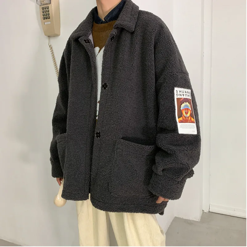 Мужская куртка с принтом стикеров утепленная из овечьей шерсти синего серого